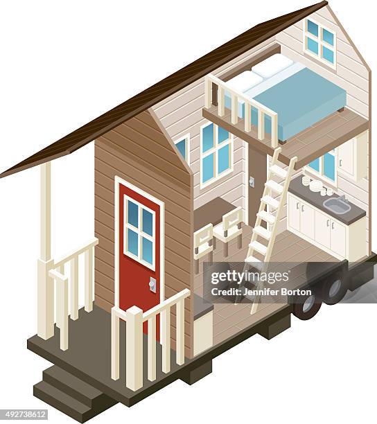 ilustraciones, imágenes clip art, dibujos animados e iconos de stock de pequeña casa sección transversal isométrica icono - roofing-clip-art