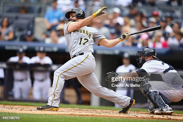 Gaby Sanchez of the Pittsburgh Pirates in action against the New York Yankees during their game at Yankee Stadium on May 18, 2014 in the Bronx...