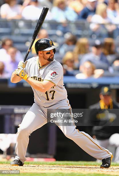 Gaby Sanchez of the Pittsburgh Pirates in action against the New York Yankees during their game at Yankee Stadium on May 18, 2014 in the Bronx...