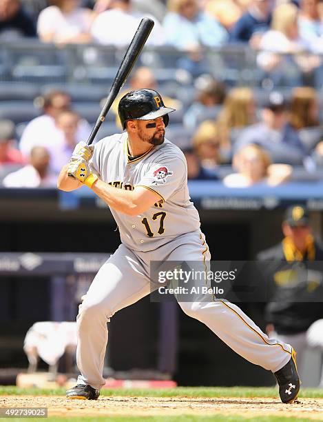 Gaby Sanchez of the Pittsburgh Pirates in action against the New York Yankees during their game at Yankee Stadium on May 18, 2014 in the Bronx...