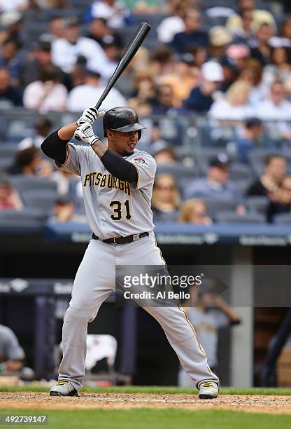 Jose Tabata of the Pittsburgh Pirates in action against the New York Yankees during their game at Yankee Stadium on May 18, 2014 in the Bronx borough...