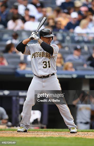 Jose Tabata of the Pittsburgh Pirates in action against the New York Yankees during their game at Yankee Stadium on May 18, 2014 in the Bronx borough...