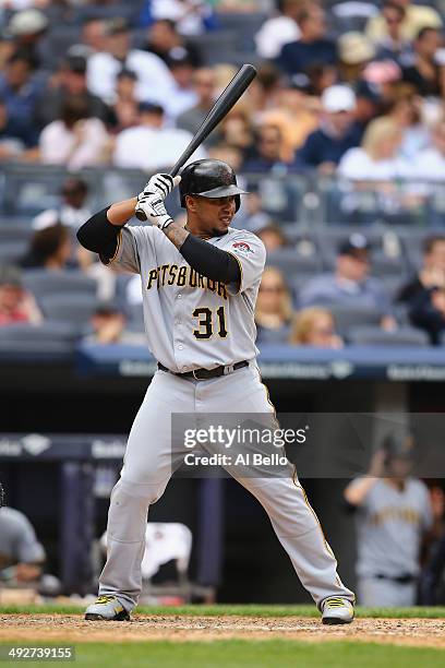 Jose Tabata of the Pittsburgh Pirates in action against the New York Yankees during their game at Yankee Stadium on May 18, 2014 in the Bronx borough...