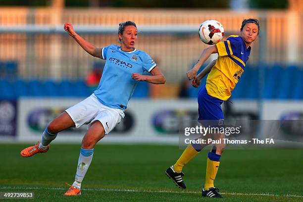 Emma Lipman of Manchester City in action with Danielle Turner of Everton during the FA WSL 1 match between Manchester City Women and Everton Ladies...