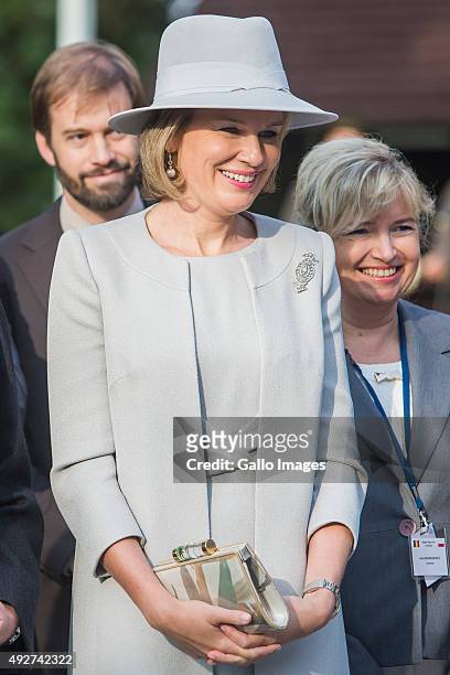 Her Royal Highness Mathilde Queen Of Belgium visits the Forest Education Center on October 14, 2015 in Warsaw, Poland. During the visit TRH planted...