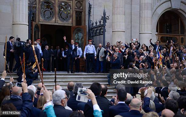 President of Catalonia Artur Mas surrounded by Catalonia Government members, deputies of the Parliament of Catalonia, mayors and representatives from...