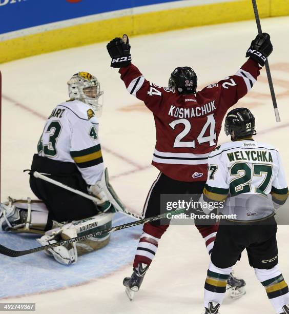 Scott Kosmachuk of the Guelph Storm celebrates his goal at 5:56 of the first period against Anthony Stolarz of the London Knights during the 2014...