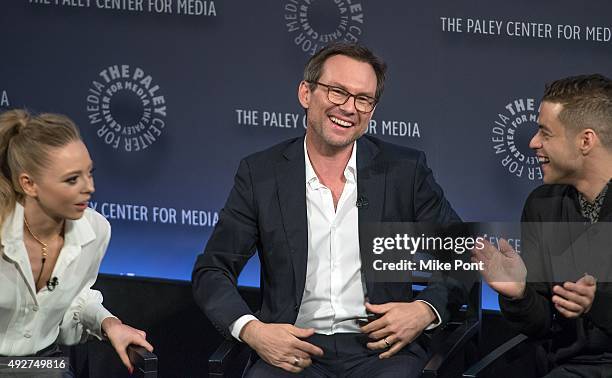Portia Doubleday, Christian Slater, Rami Malek attend PaleyFest New York 2015 - "Mr. Robot" at The Paley Center for Media on October 14, 2015 in New...