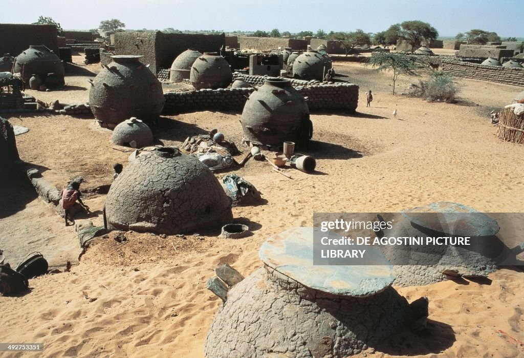 Clay granaries in a village along the Niger River...