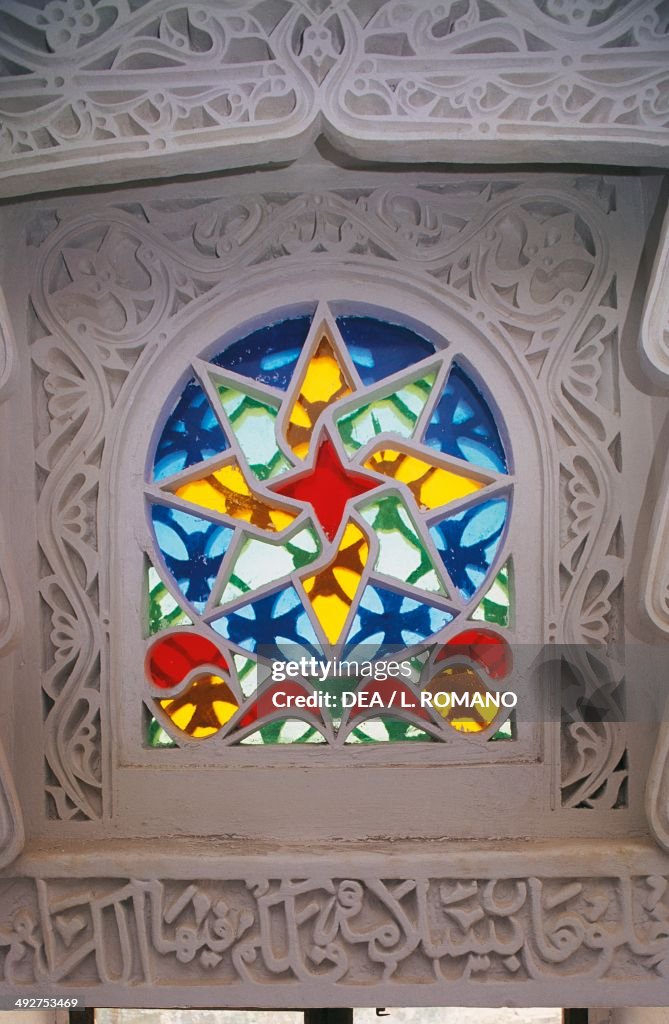 Stained glass window in a building in Ar Rawdah...