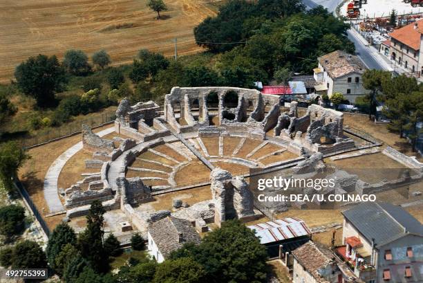 Aerial view of the Roman Theatre, Ricina or Helvia Recina, Villa Potenza, Macerata, Marche, Italy. Roman civilization, 2nd century AD.