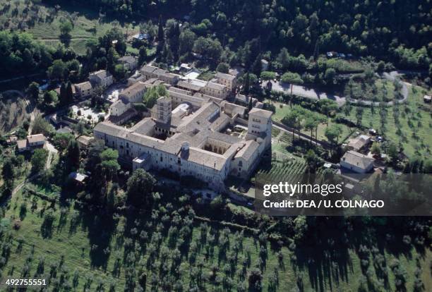 Aerial view of Farfa abbey, 6th-12th century, Lazio, Italy.