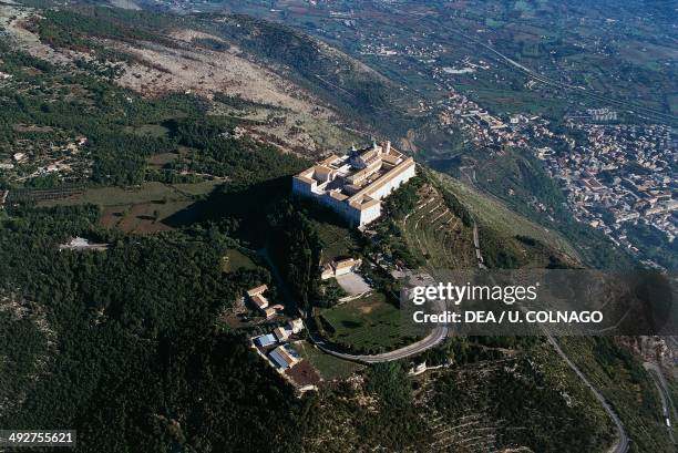 Aerial view of Montecassino abbey, 6th-17th century, Monte Cassino, Lazio, Italy.