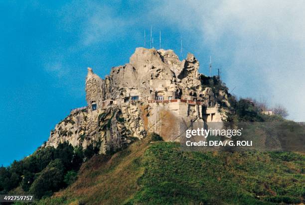 The peak of Mount Epomeo with the hermitage of St Nicholas, 15th century, island of Ischia, Campania, Italy.