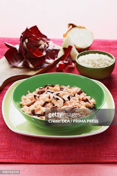 Bitto cheese risotto with borlotti beans and red radicchio .