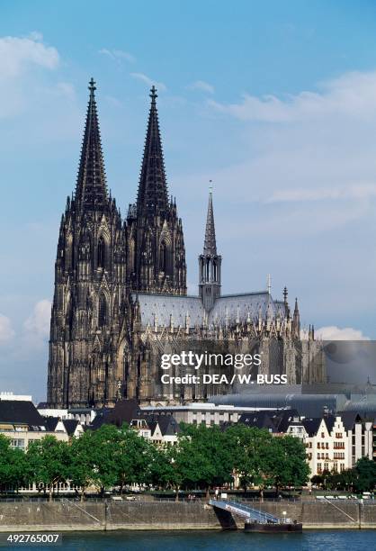 View of Cologne Cathedral with the Rhine in the foreground, Cologne, North Rhine-Westphalia , Germany.