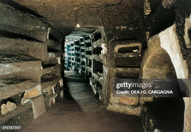 Gallery with niches in the Catacombs of Priscilla, 2nd-5th century, Rome, Lazio, Italy.