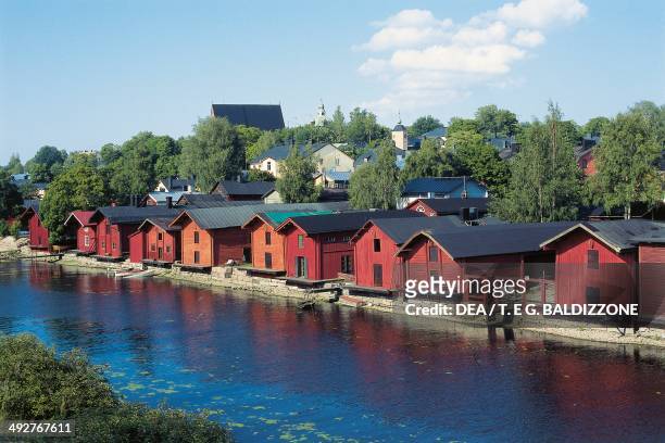Wooden warehouses on Porvoonjoki riverfront, Porvoo, Finland.
