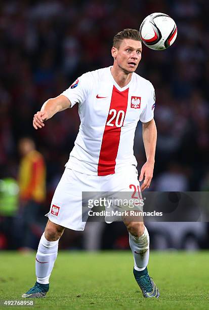 Lukasz Peszczek of Poland in action during the EURO 2016 Qualifier between Scotland and Poland at Hamden Park on October 8, 2015 in Glasgow, Scotland.