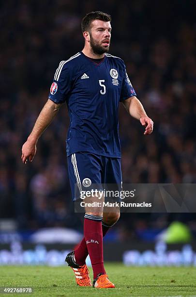 Grant Hanley of Scotland in action during the EURO 2016 Qualifier between Scotland and Poland at Hamden Park on October 8, 2015 in Glasgow, Scotland.