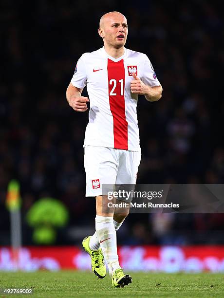 Michael Pazdan of Poland in action during the EURO 2016 Qualifier between Scotland and Poland at Hamden Park on October 8, 2015 in Glasgow, Scotland.