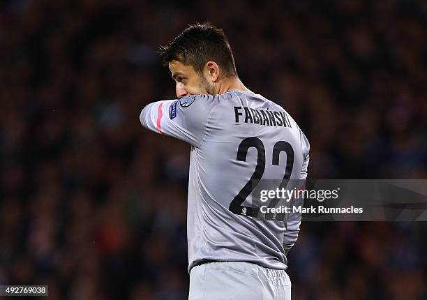 Lukasz Fabianski of Poland in action during the EURO 2016 Qualifier between Scotland and Poland at Hamden Park on October 8, 2015 in Glasgow,...