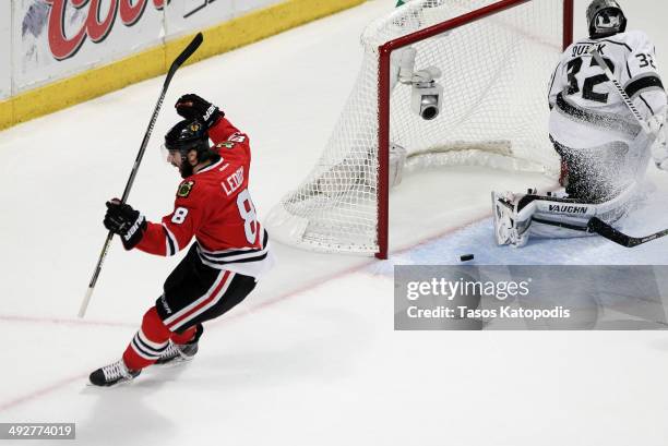 Nick Leddy of the Chicago Blackhawks celebrates his goal against Jonathan Quick of the Los Angeles Kings in the first period in Game Two of the...