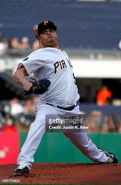 Wandy Rodriguez of the Pittsburgh Pirates pitches in the first inning against the Baltimore Orioles during interleague play at PNC Park May 21, 2014...