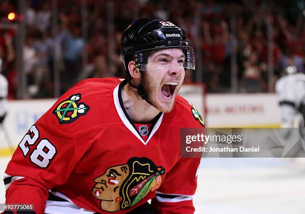 Ben Smith of the Chicago Blackhawks celebrates his goal against the Los Angeles Kings in the second period in Game Two of the Western Conference...