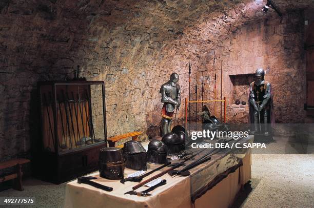 Hall of weapons and armour, Chateau d'Etchauz, Saint-Etienne-de-Baigorry, Aquitaine, France.