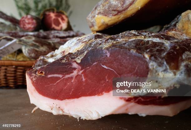 Cured prosciutto ham, own production, Acquapendente, Lazio, Italy.