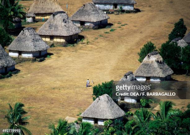 Traditional Fijian thatched huts , Navala village, island of Viti Levu, Fiji.