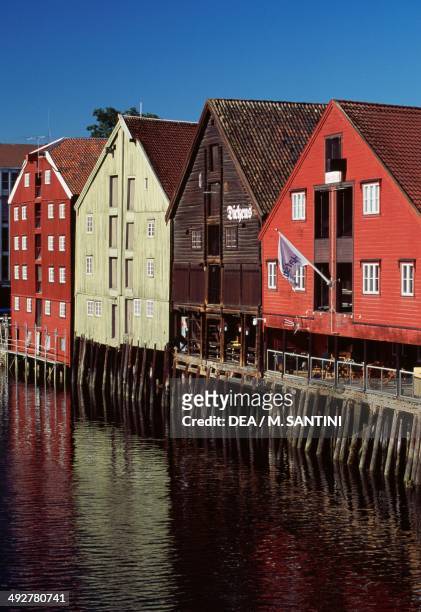 Wooden buildings along the river Nid in Trondheim, Sor-Trondelag County, Norway.