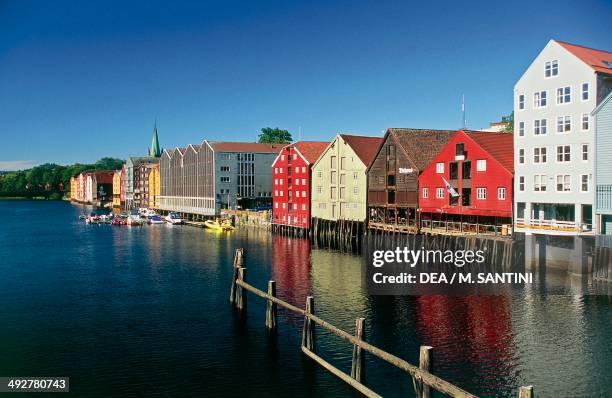 Wooden buildings along the river Nid in Trondheim, Sor-Trondelag County, Norway.