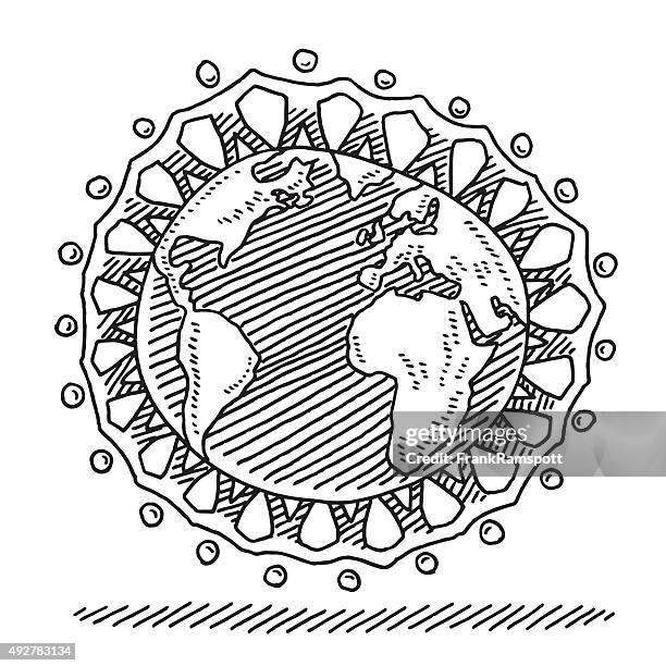 paper chain people around the globe drawing - people holding hands around globe stock illustrations