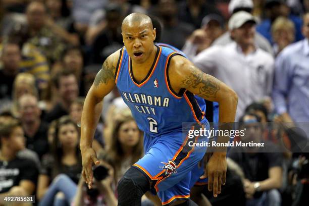 Caron Butler of the Oklahoma City Thunder reacts in the first half while taking on the San Antonio Spurs in Game Two of the Western Conference Finals...