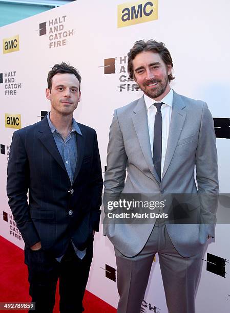 Actors Scoot McNairy and Lee Pace attend AMC's new series "Halt And Catch Fire" Los Angeles Premiere at ArcLight Cinemas on May 21, 2014 in...
