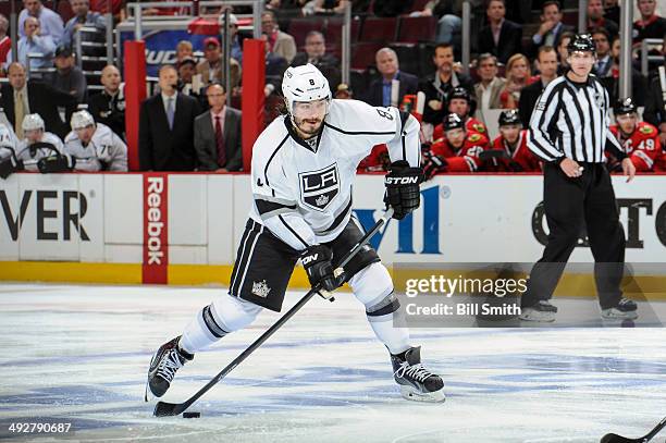 Drew Doughty of the Los Angeles Kings shoots the puck, resulting in a goal against the Chicago Blackhawks in Game Two of the Western Conference Final...