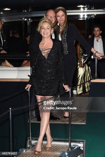 Sharon Stone and Eva Cavalli attend the "Roberto Cavalli Annual Party Aboard" : Outside Arrivals at the 67th Annual Cannes Film Festival on May 21,...