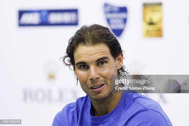 Rafael Nadal of Spain speaks at a press conference after winning his men's singles third round match against Milos Raonic of Canada on day 5 of...