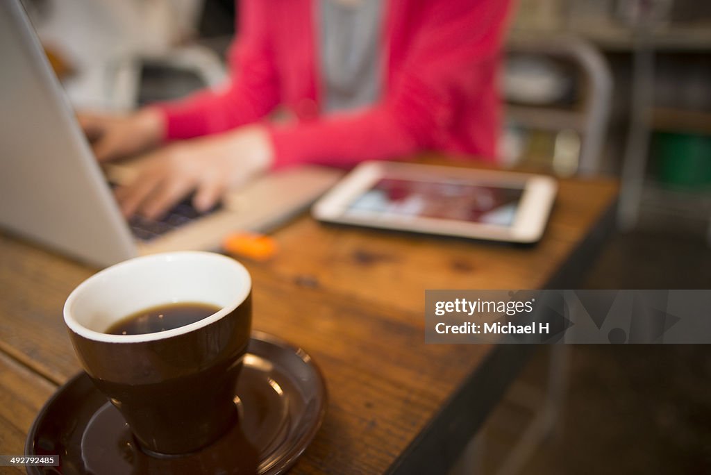 Businesswoman using laptop in cafe