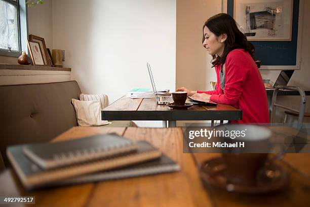 businesswoman using laptop in cafe - laptop netbook stock pictures, royalty-free photos & images