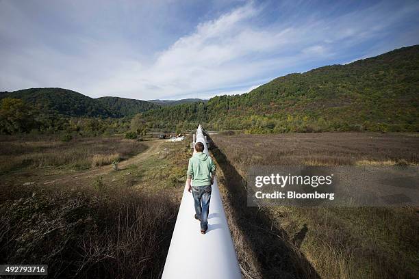 Painting contractor walks along a newly painted section of the UkrTransGaz operated Urengoy-Pomary-Uzhgorod transit pipeline, also known as the...