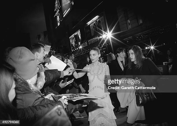 Rooney Mara signs autographs during the 'Carol' American Express Gala during the BFI London Film Festival, at the Odeon Leicester Square on October...