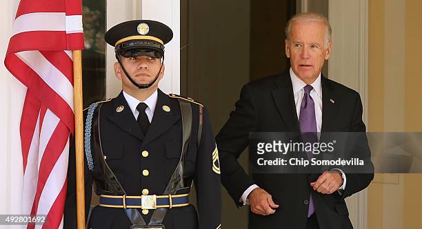 Vice President Joe Biden steps out of his residence before welcoming President Park Geun-hye of South Korea to the Naval Observatory for lunch...