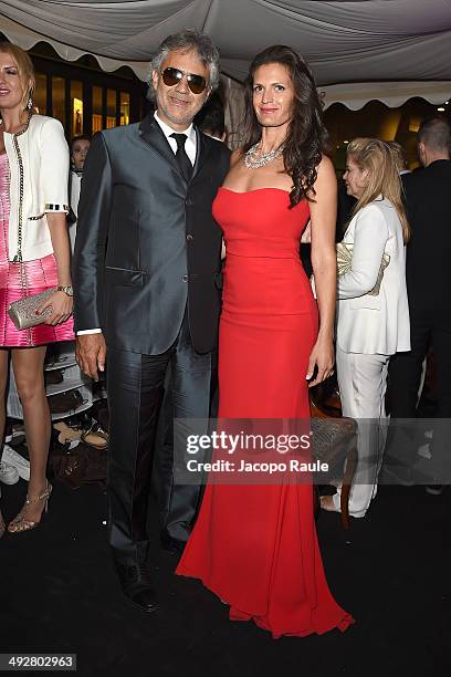 Andrea Bocelli and Veronica Berti attend the "Roberto Cavalli Annual Party Aboard" : Outside Arrivals at the 67th Annual Cannes Film Festival on May...