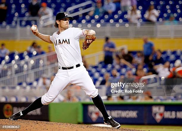 Kevin Slowey of the Miami Marlins delivers a pitch during the ninth inning of the game against the Philadelphia Phillies at Marlins Park on May 21,...