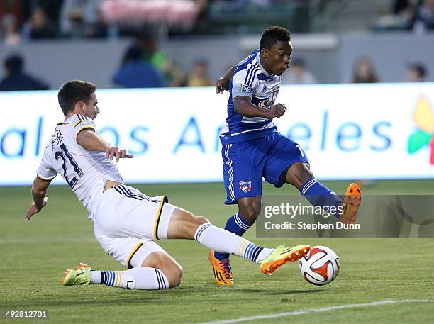 Tommy Meyer of the Los Angeles Galaxy blocks a shot attempt by Fabian Castillo of FC Dallas at StubHub Center on May 21, 2014 in Los Angeles,...