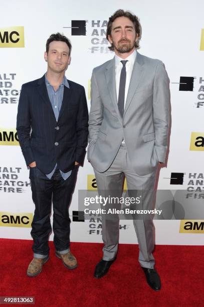 Actors Scoot McNairy and Lee Pace arrive at the Los Angeles premiere of AMC's new series "Halt And Catch Fire" at ArcLight Cinemas on May 21, 2014 in...