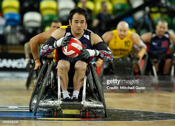 Chuck Aoki of The USA during the 2015 BT World Wheelchair Rugby Challenge match between USA and Australia at The Copper Box on October 15, 2015 in...